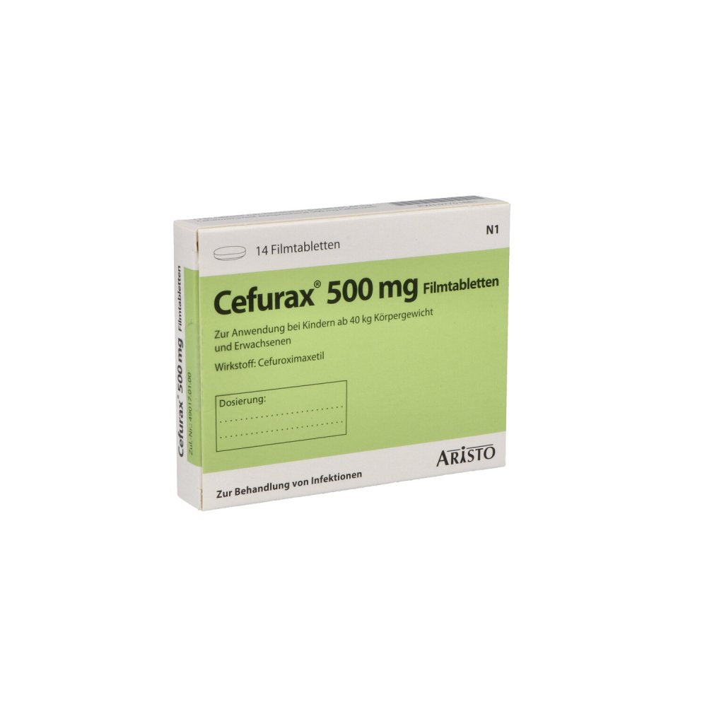 Das Produktfoto zeigt Cefurax 500 Mg Filmtabletten (14 stk) PZN 07701881