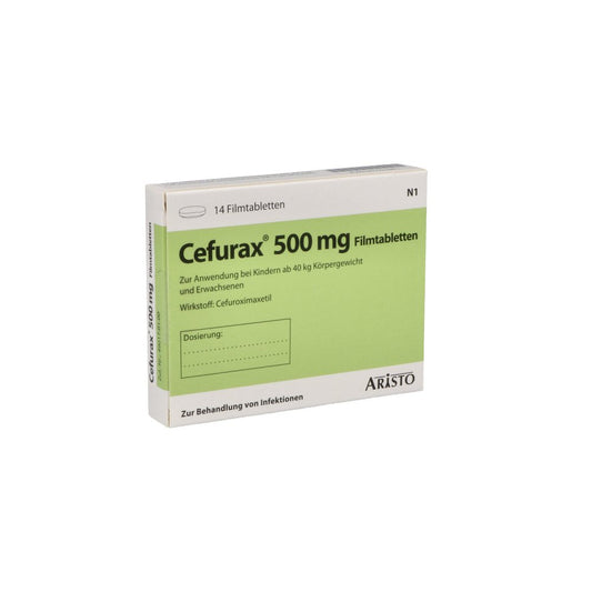 Das Produktfoto zeigt Cefurax 500 Mg Filmtabletten (14 stk) PZN 07701881