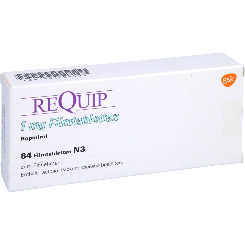 Das Produktfoto zeigt Requip 1,0 Mg Filmtabletten (84 stk) PZN 07708593