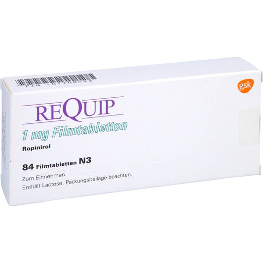 Das Produktfoto zeigt Requip 1,0 Mg Filmtabletten (84 stk) PZN 07708593
