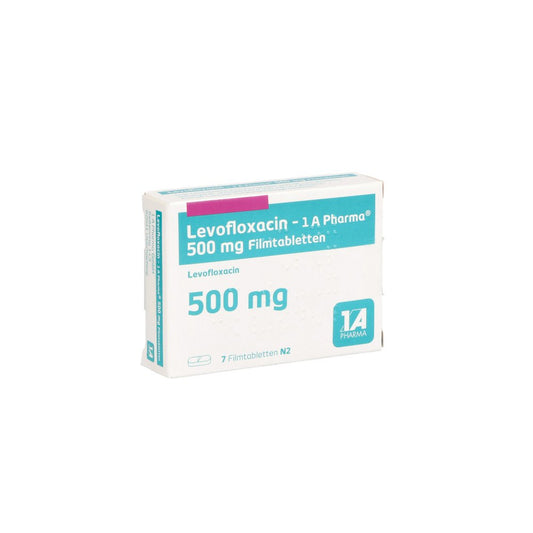Das Produktfoto zeigt Levofloxacin-1a Pharma 500 Mg Filmtabletten (7 stk) PZN 07715021