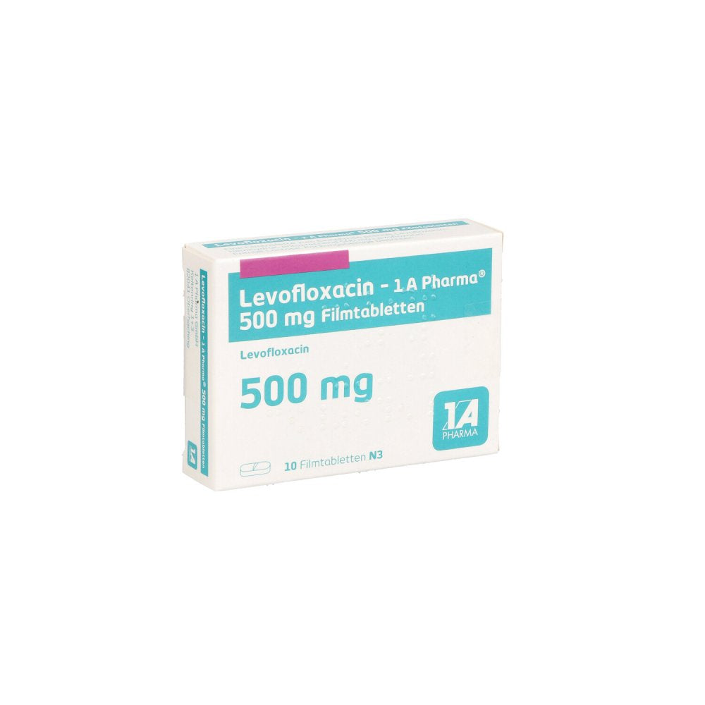 Das Produktfoto zeigt Levofloxacin-1a Pharma 500 Mg Filmtabletten (10 stk) PZN 07715038
