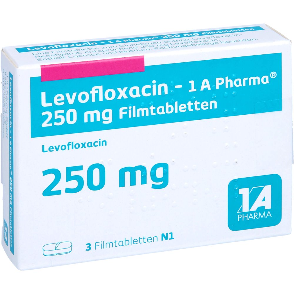Das Produktfoto zeigt Levofloxacin-1a Pharma 250 Mg Filmtabletten (3 stk) PZN 07715044