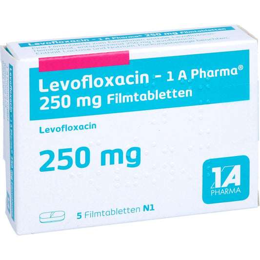 Das Produktfoto zeigt Levofloxacin-1a Pharma 250 Mg Filmtabletten (5 stk) PZN 07715050