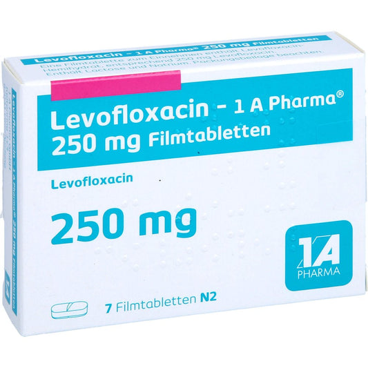 Das Produktfoto zeigt Levofloxacin-1a Pharma 250 Mg Filmtabletten (7 stk) PZN 07715067