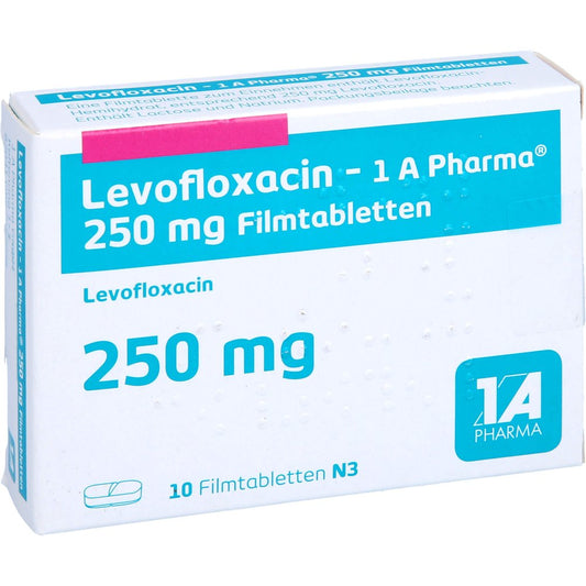 Das Produktfoto zeigt Levofloxacin-1a Pharma 250 Mg Filmtabletten (10 stk) PZN 07715096