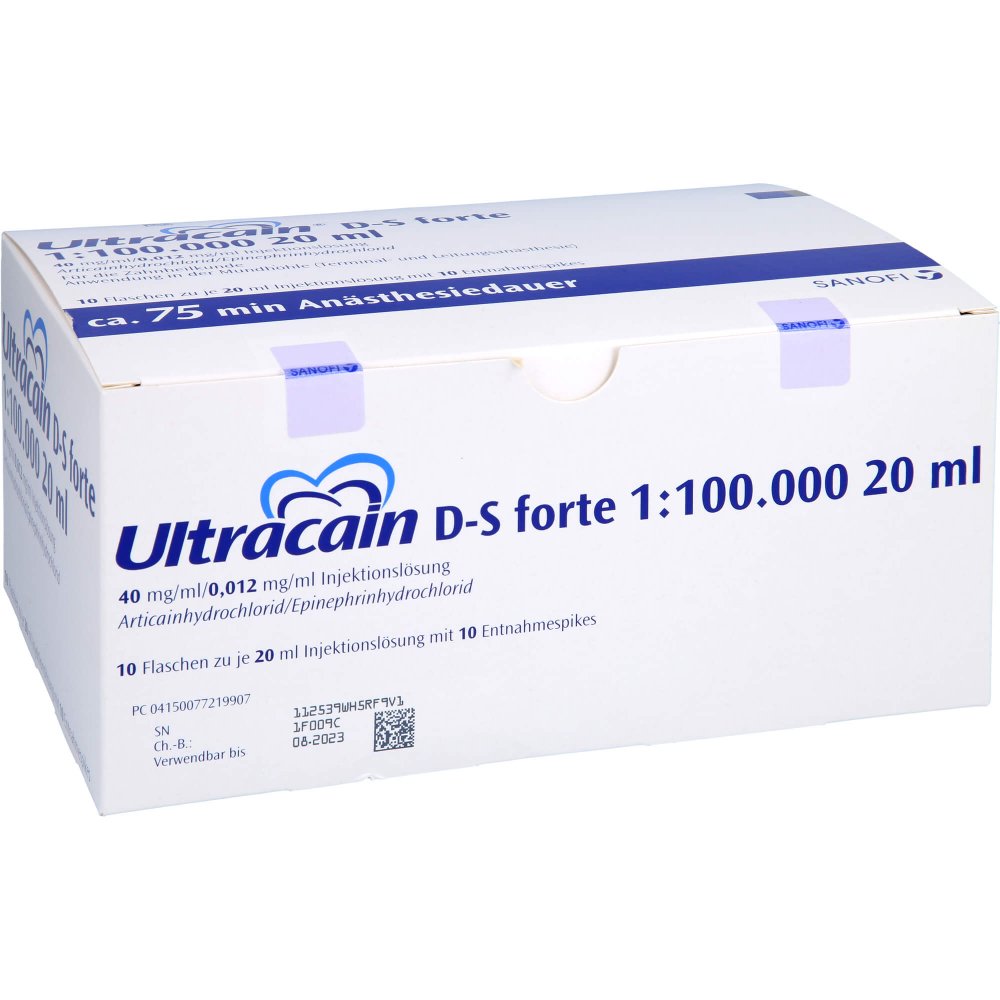 Das Produktfoto zeigt Ultracain D-S Forte 1:100.000 F.D.Zahnheilk.Dsfl. (10X20 ml) PZN 07721990