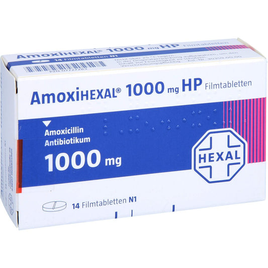 Das Produktfoto zeigt Amoxihexal 1000 Mg Hp Filmtabletten (14 stk) PZN 07727283