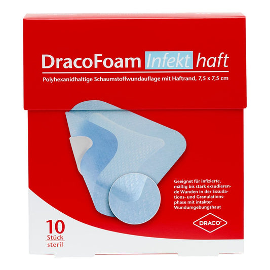 Das Produktfoto zeigt Dracofoam Infekt Haft Schaumst.Wundauf.7,5x7,5 Cm (10 stk) PZN 07730635