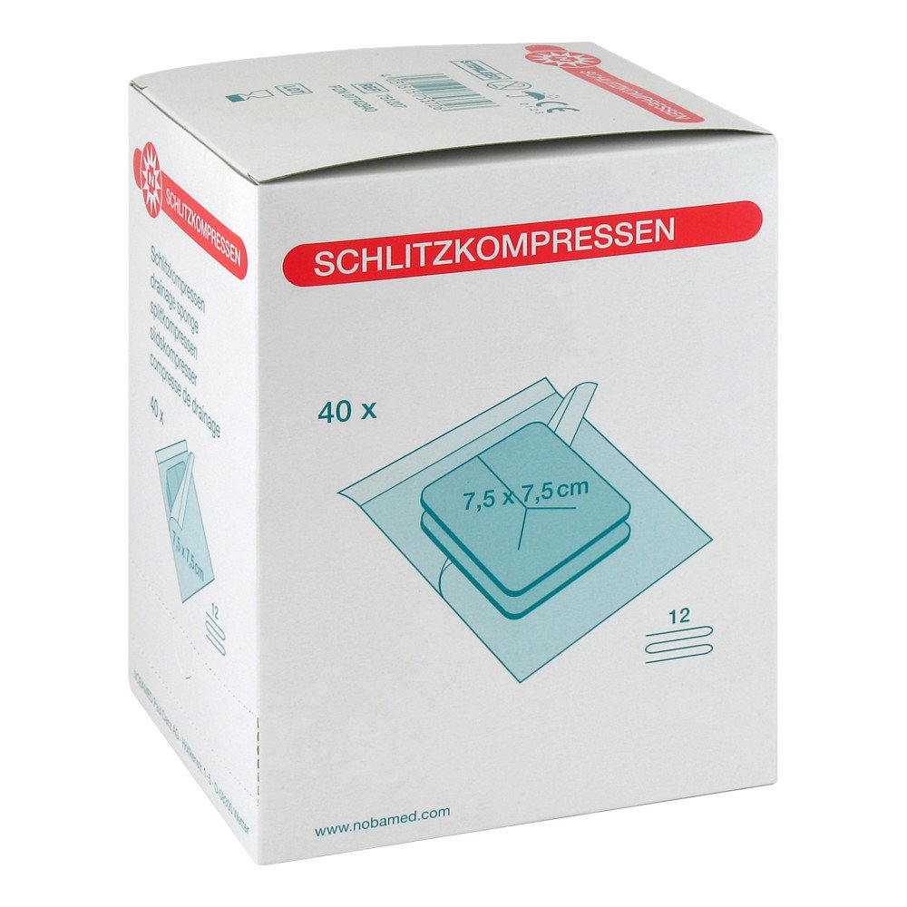 Das Produktfoto zeigt Schlitzkompressen Mull 7,5x7,5 Cm Steril 12fach (40X2 stk) PZN 07742940