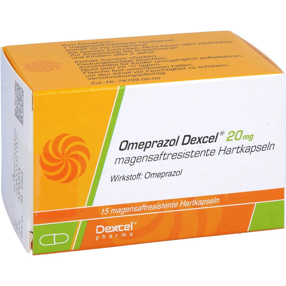 Das Produktfoto zeigt Omeprazol Dexcel 20 Mg Magensaftres.Hartkapseln (15 stk) PZN 07745832