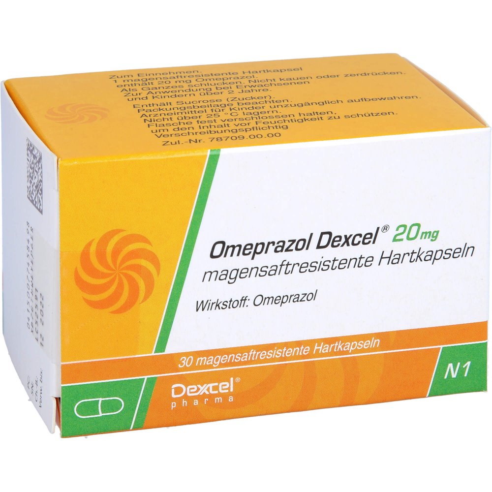 Das Produktfoto zeigt Omeprazol Dexcel 20 Mg Magensaftres.Hartkapseln (30 stk) PZN 07745849