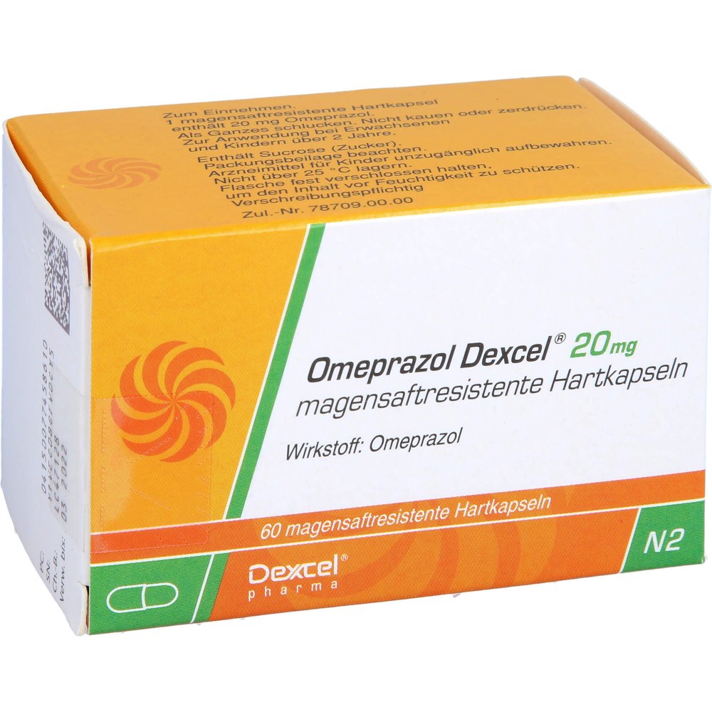Das Produktfoto zeigt Omeprazol Dexcel 20 Mg Magensaftres.Hartkapseln (60 stk) PZN 07745861