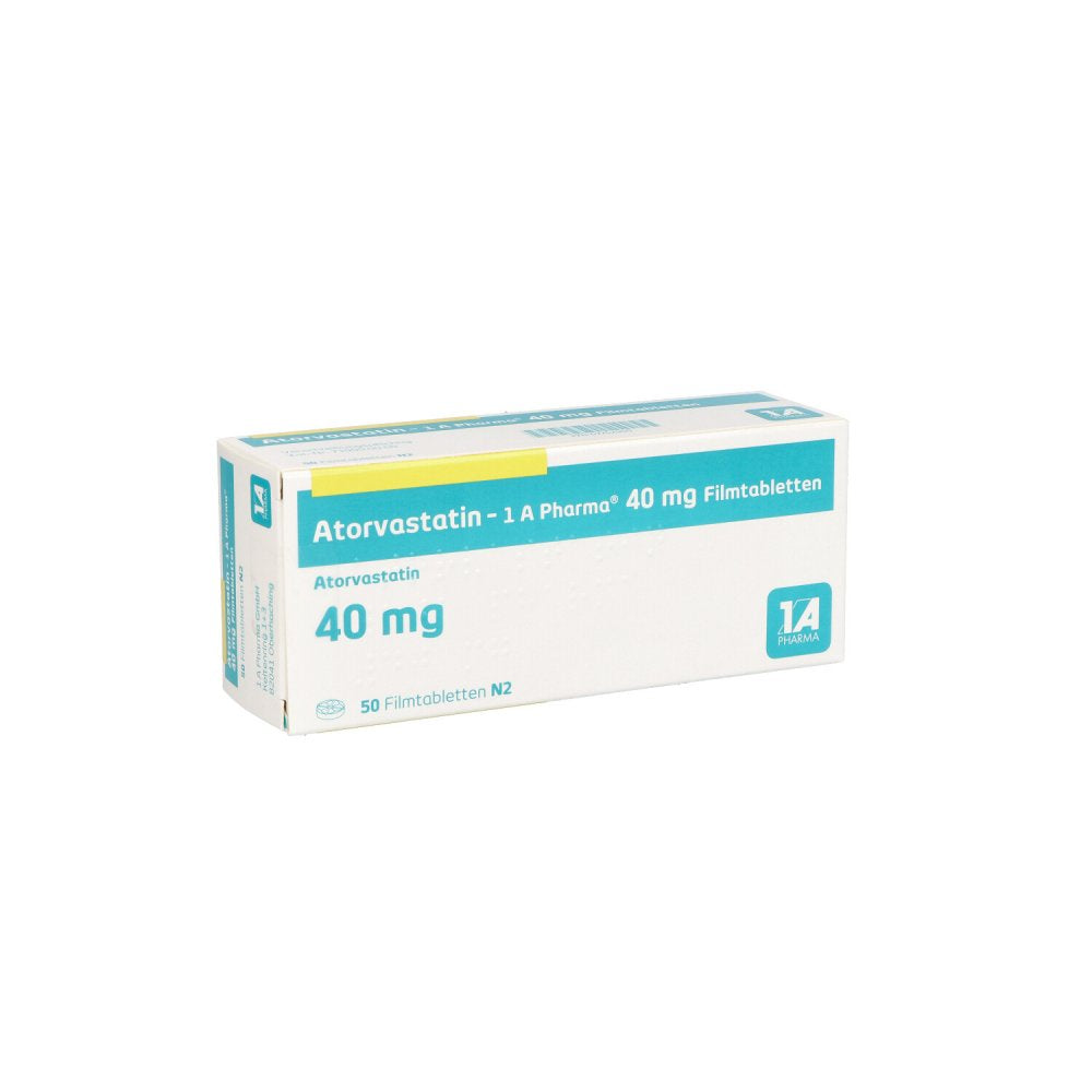 Das Produktfoto zeigt Atorvastatin-1a Pharma 40 Mg Filmtabletten (50 stk) PZN 07752950