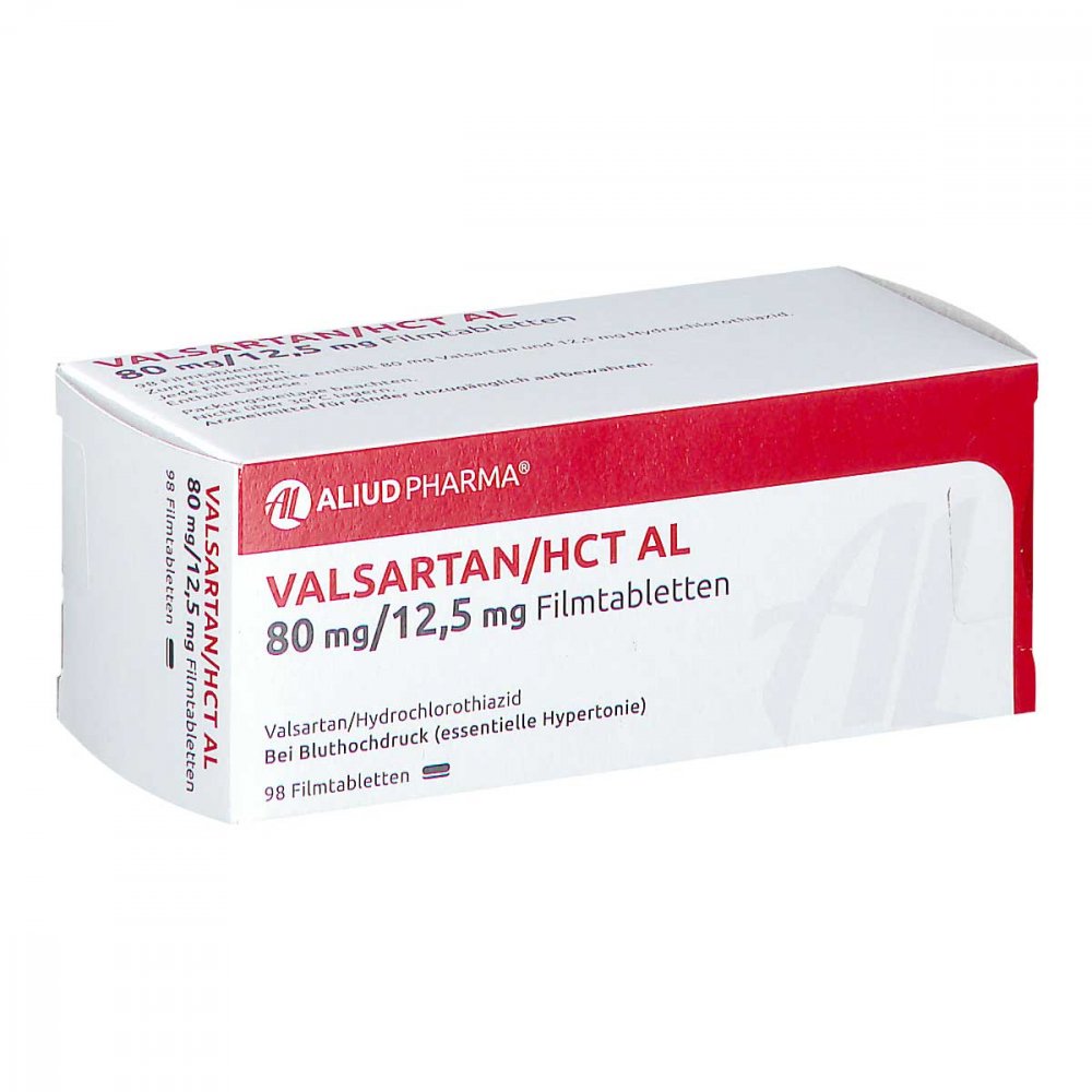 Das Produktfoto zeigt Valsartan/Hct Al 80 Mg/12,5 Mg Filmtabletten (98 stk) PZN 07758467