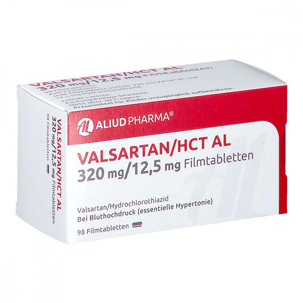 Das Produktfoto zeigt Valsartan/Hct Al 320 Mg/12,5 Mg Filmtabletten (98 stk) PZN 07758579