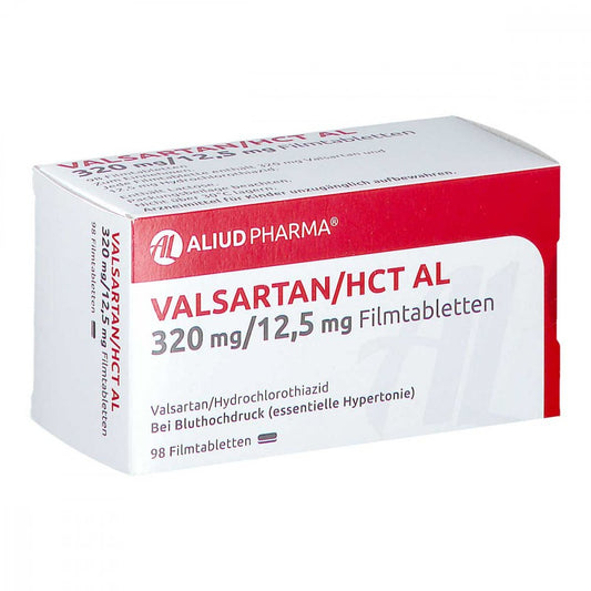 Das Produktfoto zeigt Valsartan/Hct Al 320 Mg/12,5 Mg Filmtabletten (98 stk) PZN 07758579