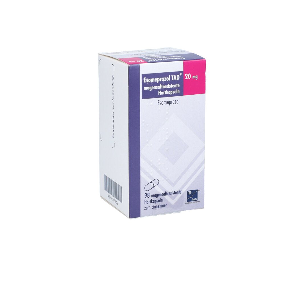 Das Produktfoto zeigt Esomeprazol Tad 20 Mg Magensaftresist.Hartkapseln (98 stk) PZN 07772929