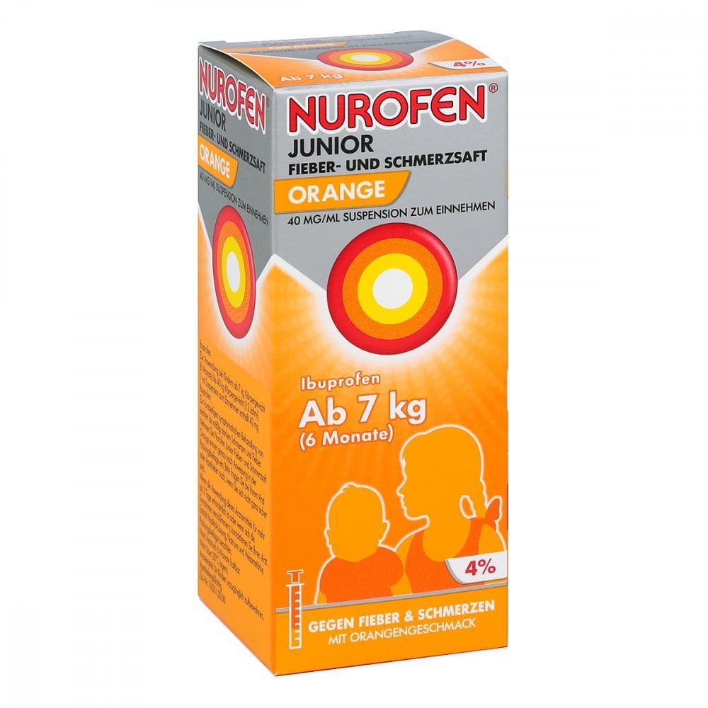 Das Produktfoto zeigt Nurofen Junior Fieber-U.Schmerzsaft Oran.40 Mg/Ml (100 ml) PZN 07776465