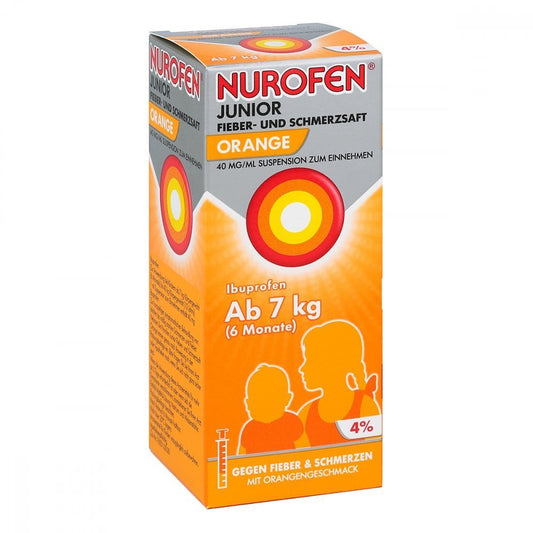 Das Produktfoto zeigt Nurofen Junior Fieber-U.Schmerzsaft Oran.40 Mg/Ml (100 ml) PZN 07776465