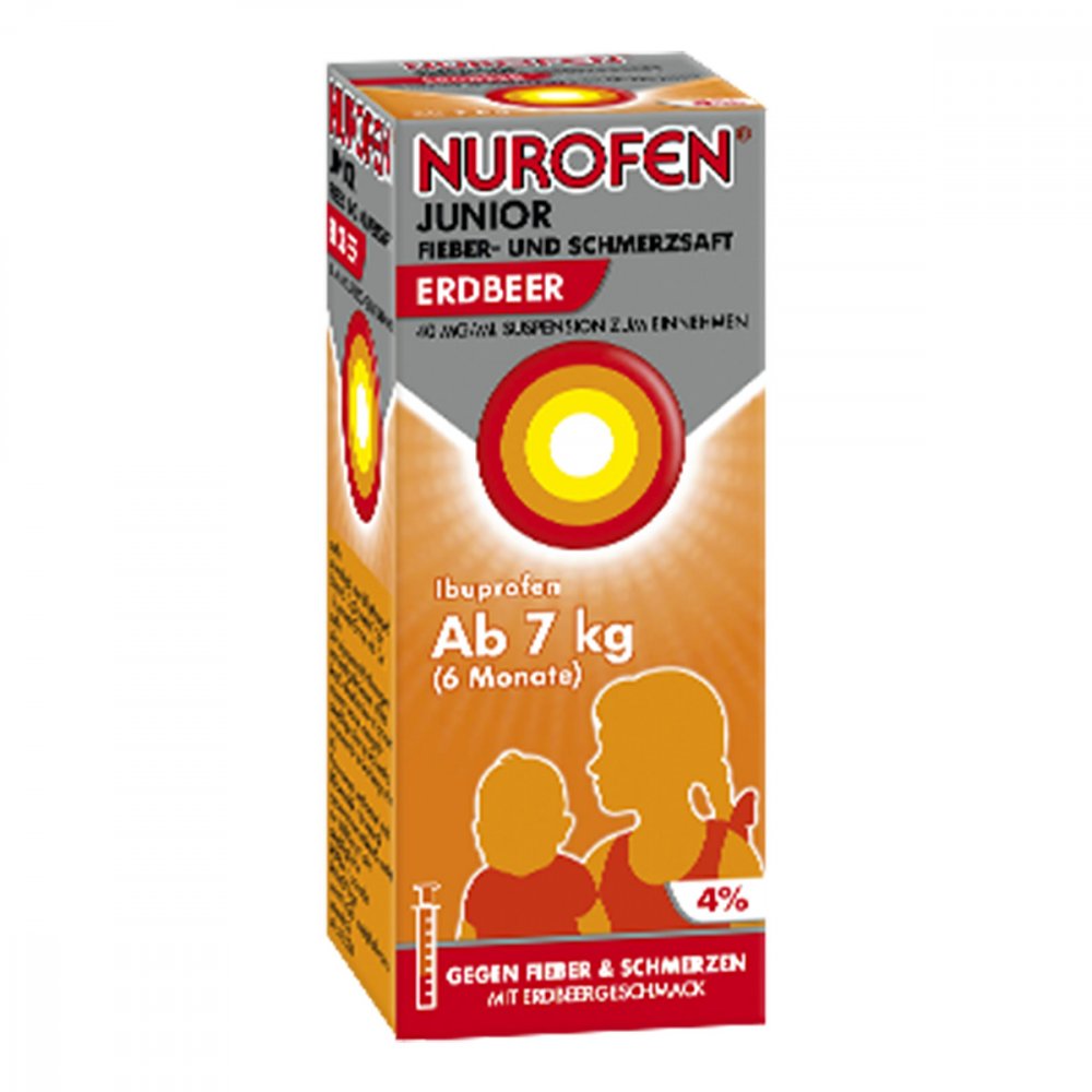 Das Produktfoto zeigt Nurofen Junior Fieber-U.Schmerzsaft Erdbe.40 Mg/Ml (100 ml) PZN 07776471