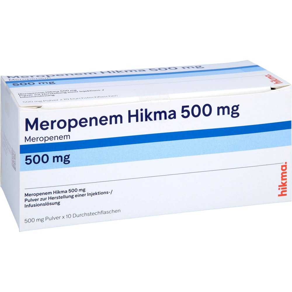 Das Produktfoto zeigt Meropenem Hikma 500 Mg Plv.Z.Her.E.Inj.O.Inf.-Lsg. (10 stk) PZN 07784068