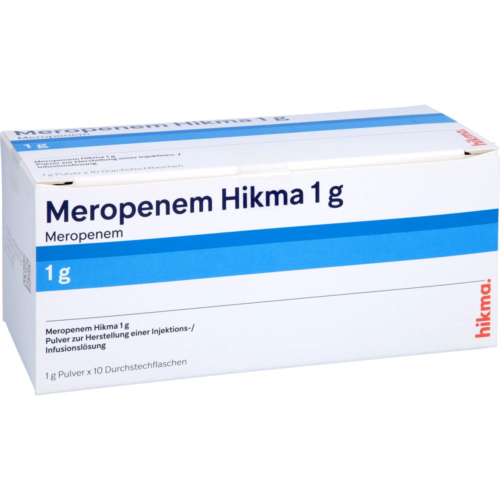 Das Produktfoto zeigt Meropenem Hikma 1 G Plv.Z.Her.E.Inj.- Od.Inf.-Lsg. (10 stk) PZN 07784074