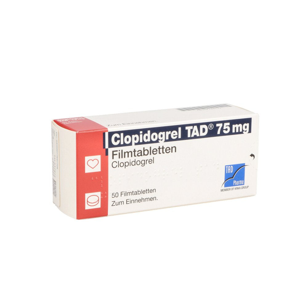 Das Produktfoto zeigt Clopidogrel Tad 75 Mg Filmtabletten (50 stk) PZN 07784772