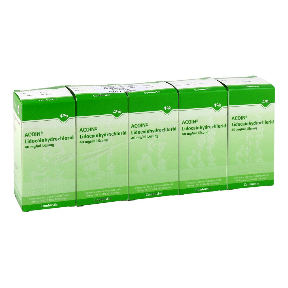 Das Produktfoto zeigt Acoin-Lidocainhydrochlorid 40 Mg/Ml Lösung (5X50 ml) PZN 07788669