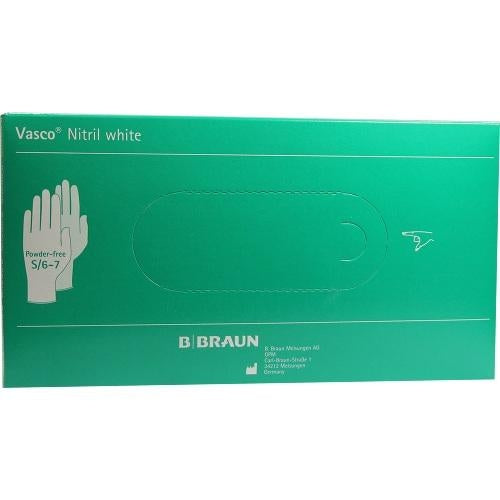 Das Produktfoto zeigt Vasco Nitril White Untersuchungshandschuhe S (100 stk) PZN 07789338
