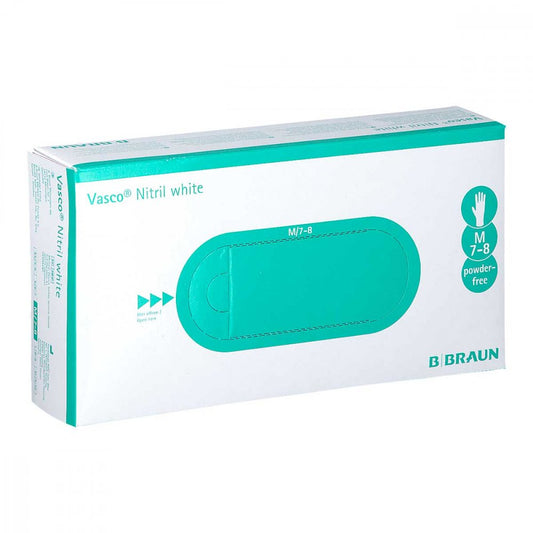 Das Produktfoto zeigt Vasco Nitril White Untersuchungshandschuhe M (100 stk) PZN 07789344