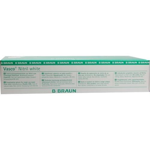 Das Produktfoto zeigt Vasco Nitril White Untersuchungshandschuhe L (100 stk) PZN 07789367