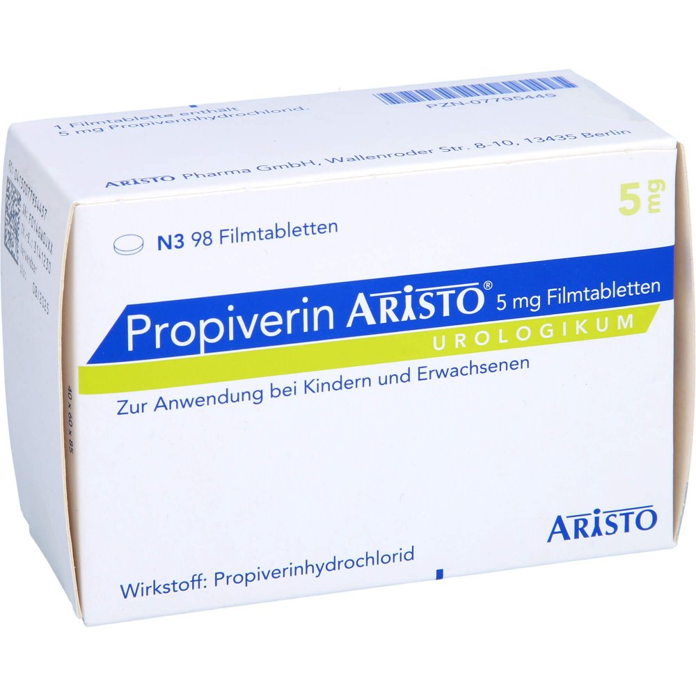 Das Produktfoto zeigt Propiverin Aristo 5 Mg Filmtabletten (98 stk) PZN 07795445