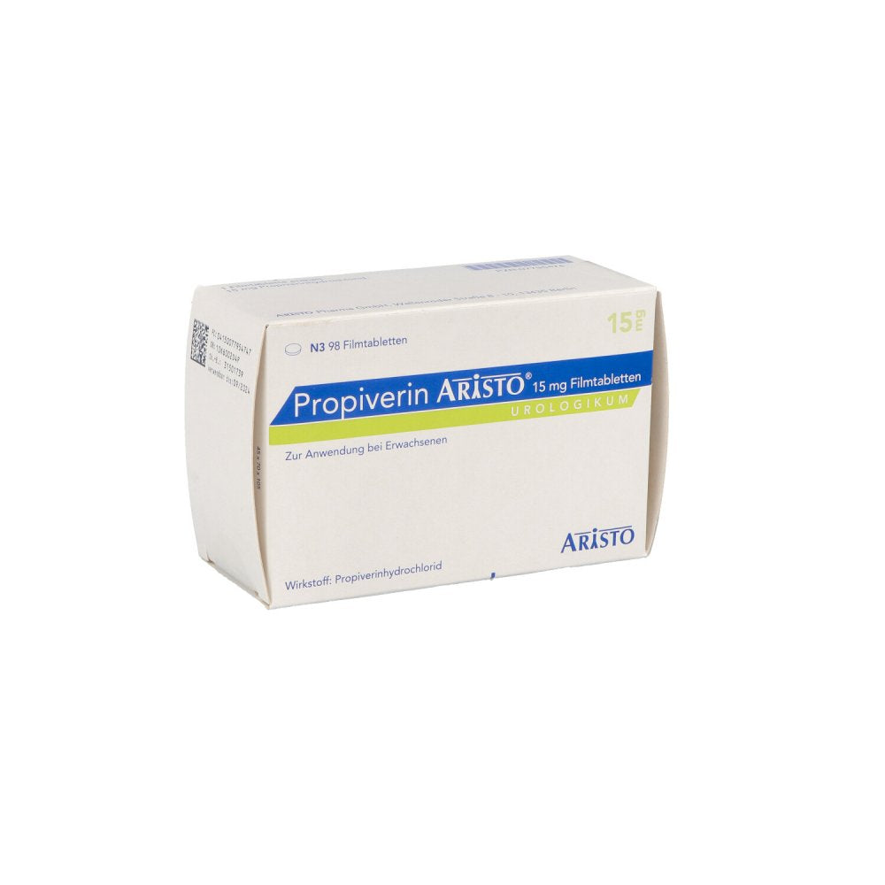 Das Produktfoto zeigt Propiverin Aristo 15 Mg Filmtabletten (98 stk) PZN 07795474
