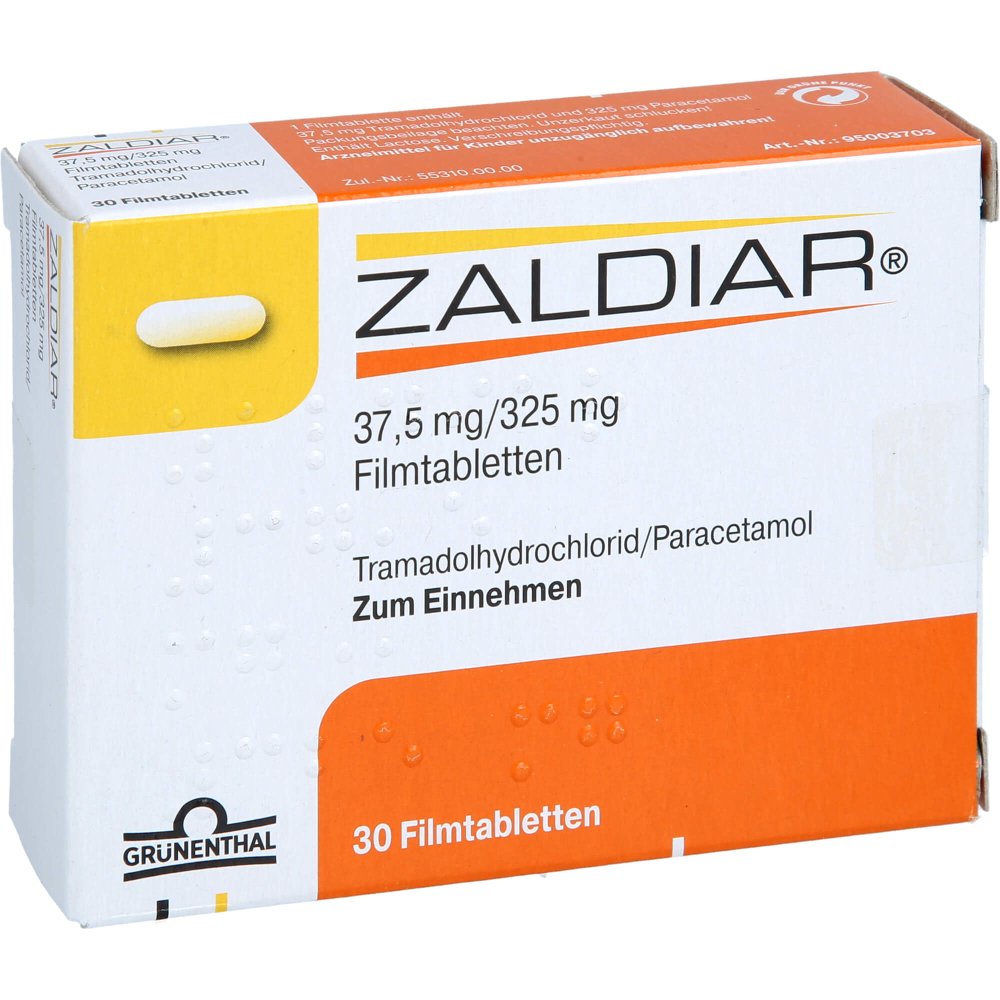 Das Produktfoto zeigt Zaldiar 37,5 Mg/325 Mg Filmtabletten (30 stk) PZN 07799986