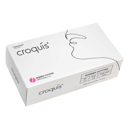 Das Produktfoto zeigt croquís® Barbed Cutting Fäden (3D & L-Cannula) 19G / 90mm / 140mm (1x6 stk) PZN 08103089