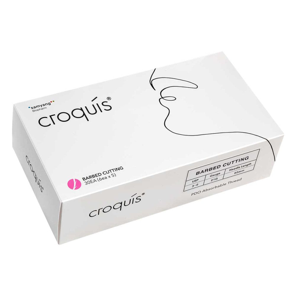 Das Produktfoto zeigt croquís® Barbed Cutting Fäden (3D & L-Cannula) 20G / 90mm / 140mm (1x6 stk) PZN 08103091