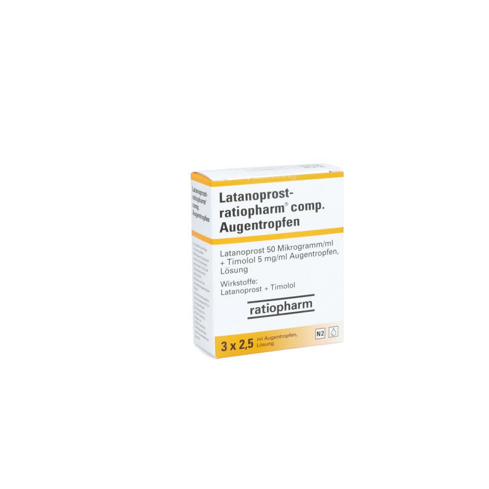 Das Produktfoto zeigt Latanoprost-Ratiopharm Comp. Augentropfen (3X2.5 ml) PZN 08404292