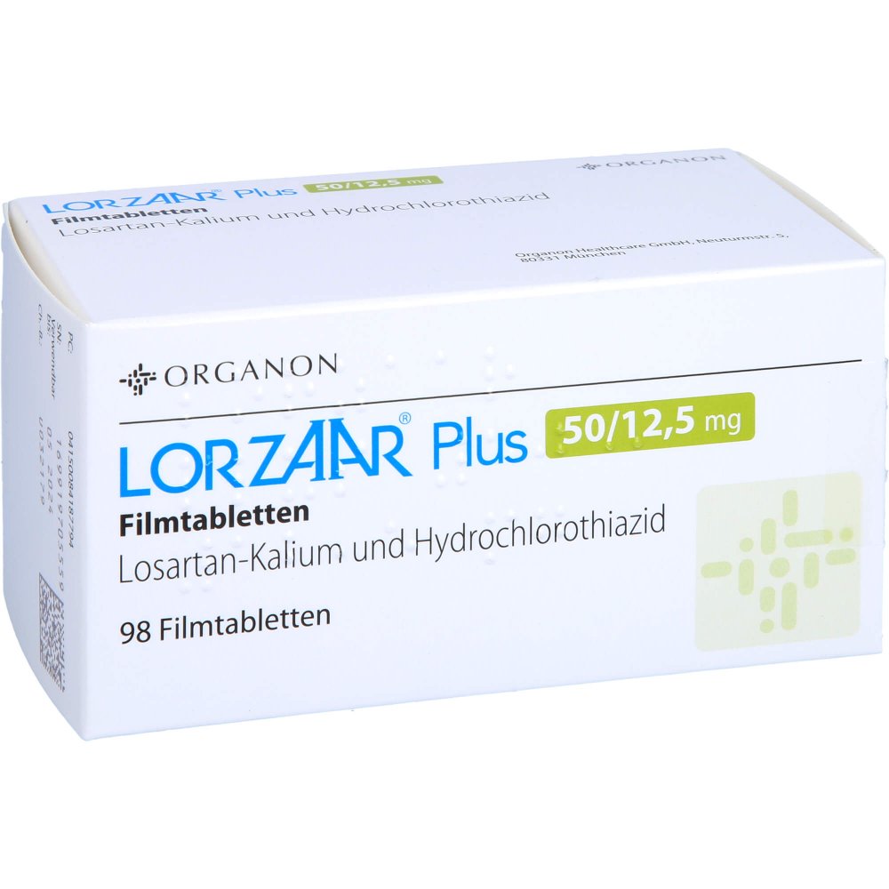 Das Produktfoto zeigt Lorzaar Plus 50/12,5 Mg Filmtabletten (98 stk) PZN 08418779