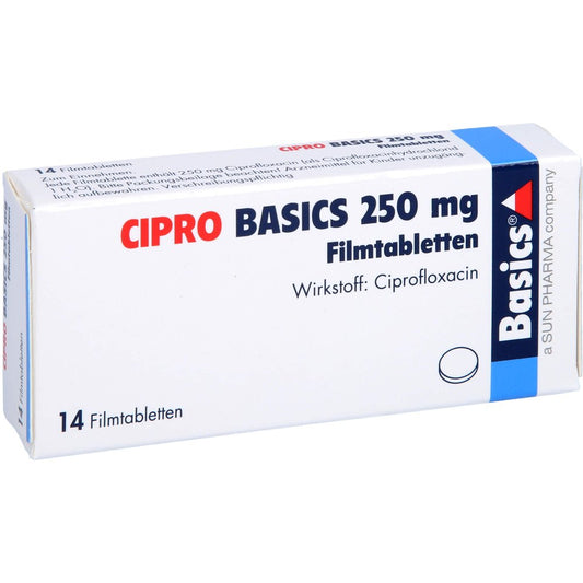 Das Produktfoto zeigt Cipro Basics 250 Mg Filmtabletten (14 stk) PZN 08440170