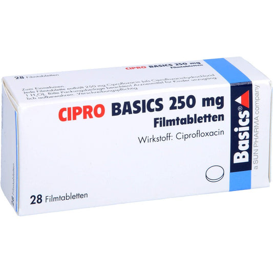 Das Produktfoto zeigt Cipro Basics 250 Mg Filmtabletten (28 stk) PZN 08440187