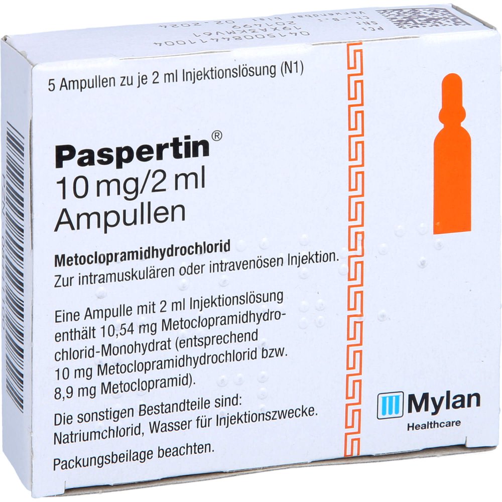 Das Produktfoto zeigt Paspertin 10 Mg/2 Ml Ampullen (5X2 ml) PZN 08441100