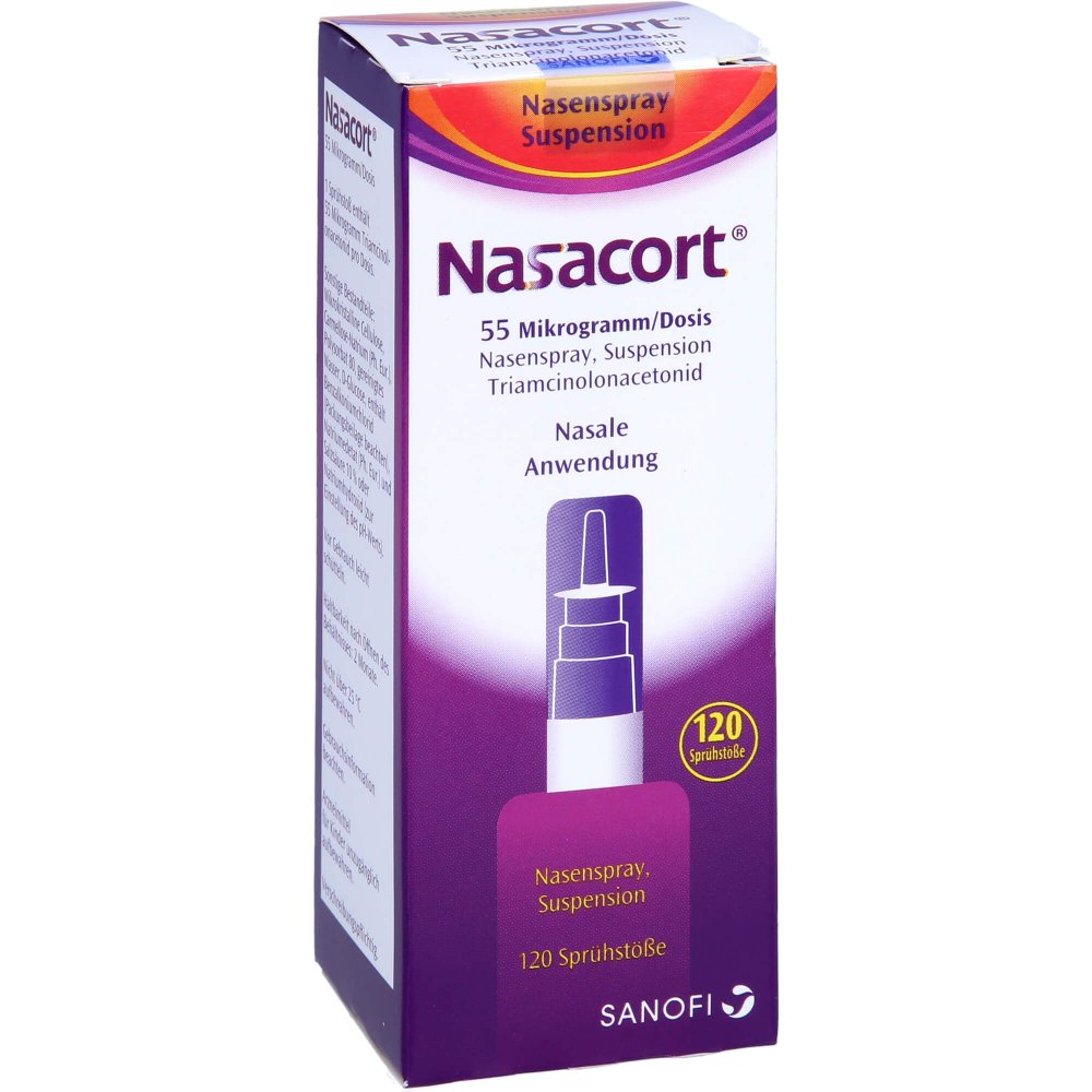 Das Produktfoto zeigt Nasacort 55 Μg/Dosis 120 Sprühst.Nasenspray Susp. (1 Pck) PZN 08442192