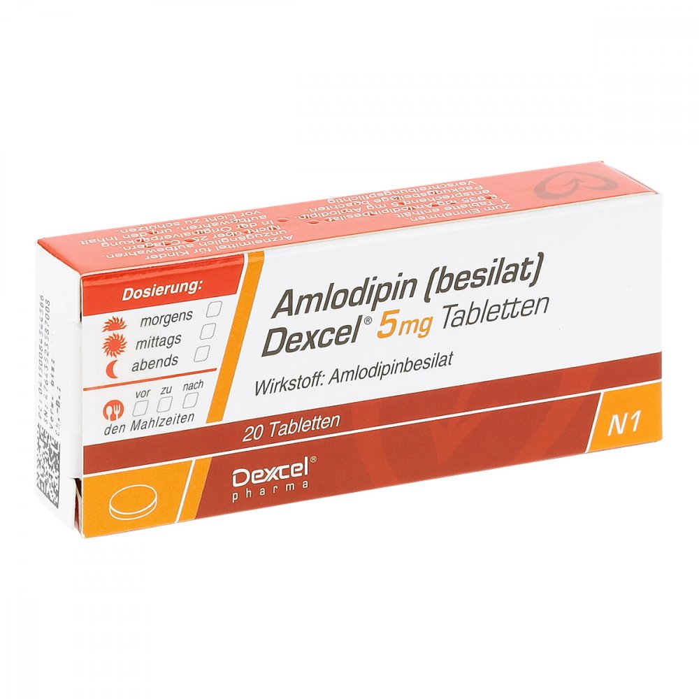 Das Produktfoto zeigt Amlodipin Besilat Dexcel 5 Mg Tabletten (20 stk) PZN 08454456