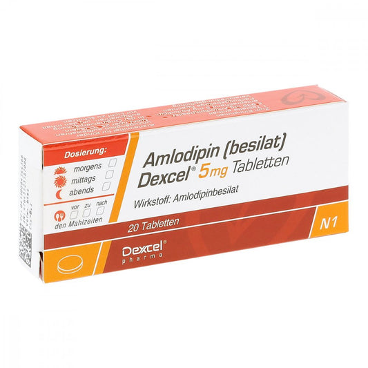 Das Produktfoto zeigt Amlodipin Besilat Dexcel 5 Mg Tabletten (20 stk) PZN 08454456