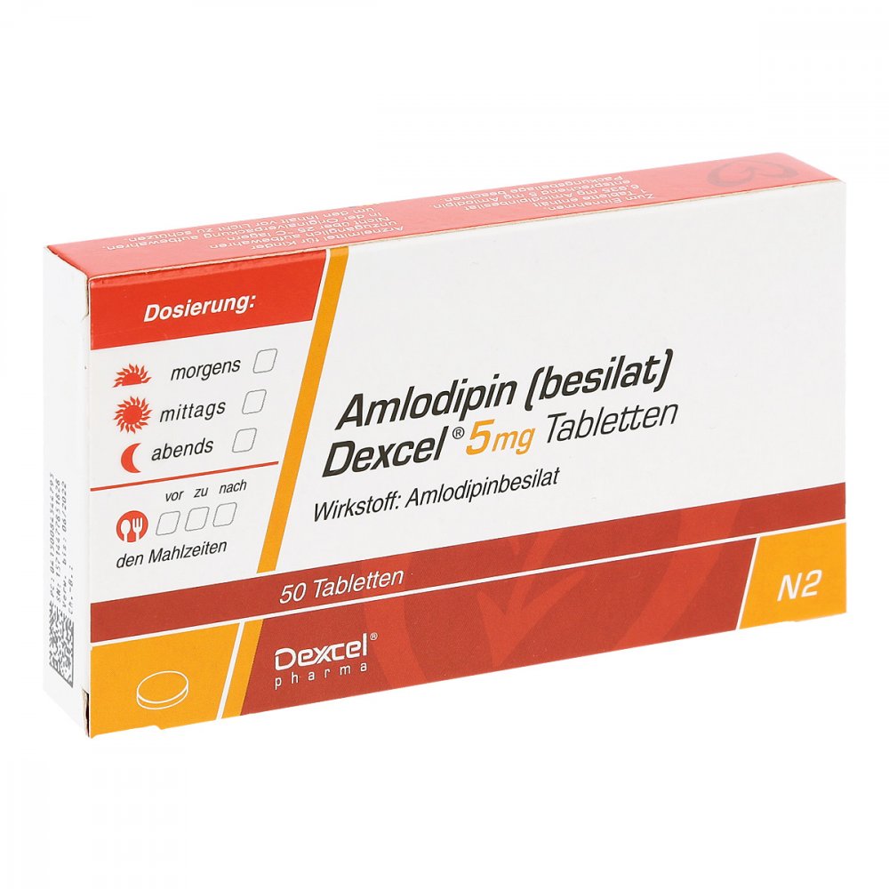 Das Produktfoto zeigt Amlodipin Besilat Dexcel 5 Mg Tabletten (50 stk) PZN 08454479