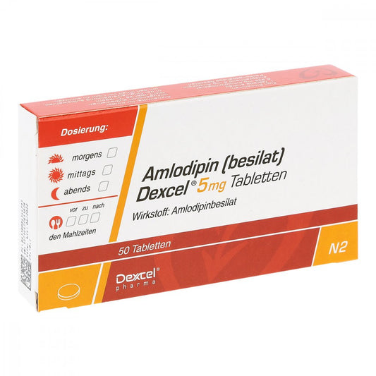 Das Produktfoto zeigt Amlodipin Besilat Dexcel 5 Mg Tabletten (50 stk) PZN 08454479