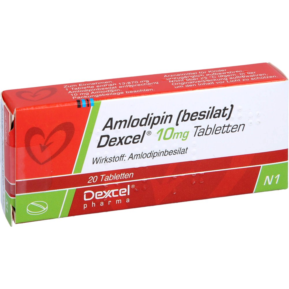 Das Produktfoto zeigt Amlodipin Besilat Dexcel 10 Mg Tabletten (20 stk) PZN 08454516