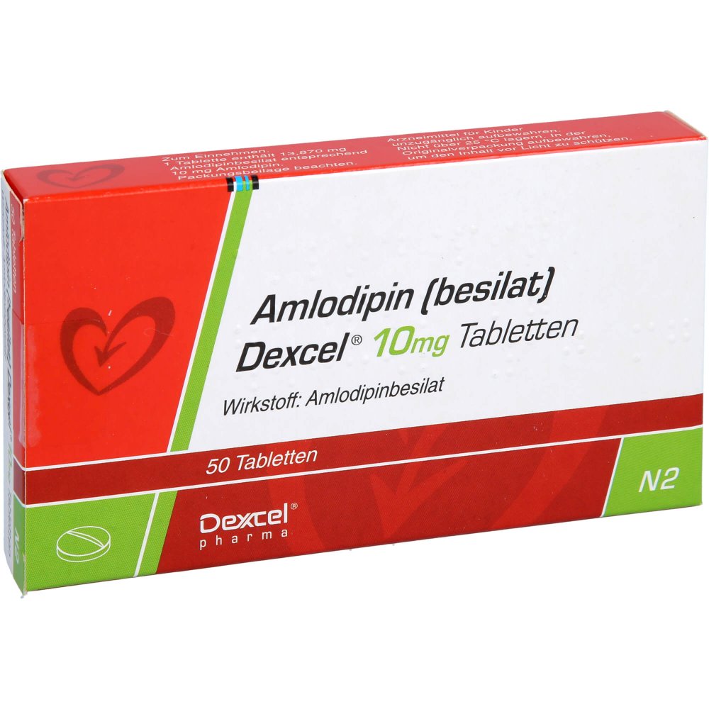 Das Produktfoto zeigt Amlodipin Besilat Dexcel 10 Mg Tabletten (50 stk) PZN 08454539