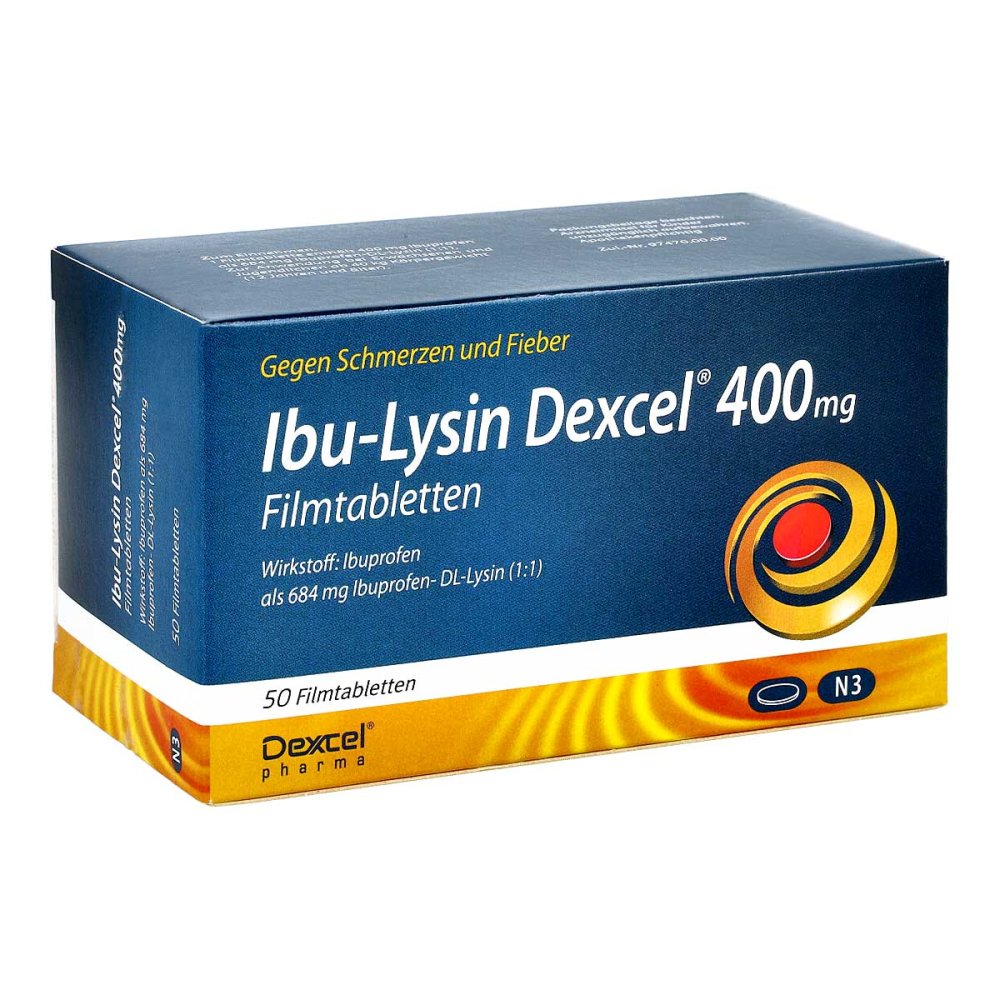Das Produktfoto zeigt Ibu-Lysin Dexcel 400 Mg Filmtabletten (50 stk) PZN 08454628